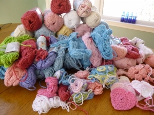 6 pounds of Bernat CottonTots.  2013 Challenge, crochet into hats for Halos of Hope.