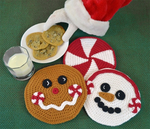 Christmas Crochet Hot Pad Set, pattern for gingerbread man, snowman and peppermint.  Peppermint Pals by Darleen Hopkins