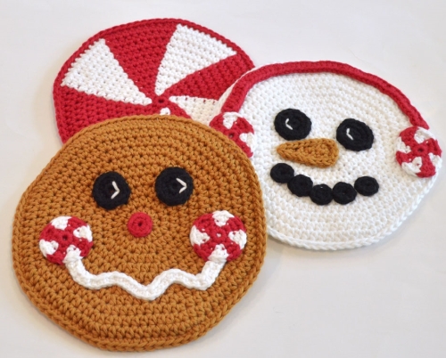 Christmas hot pad crochet pattern set, snowman, gingerbread man and peppermint!