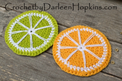Crochet pattern by Darleen Hopkins.  Lemon and Lime slice coasters.